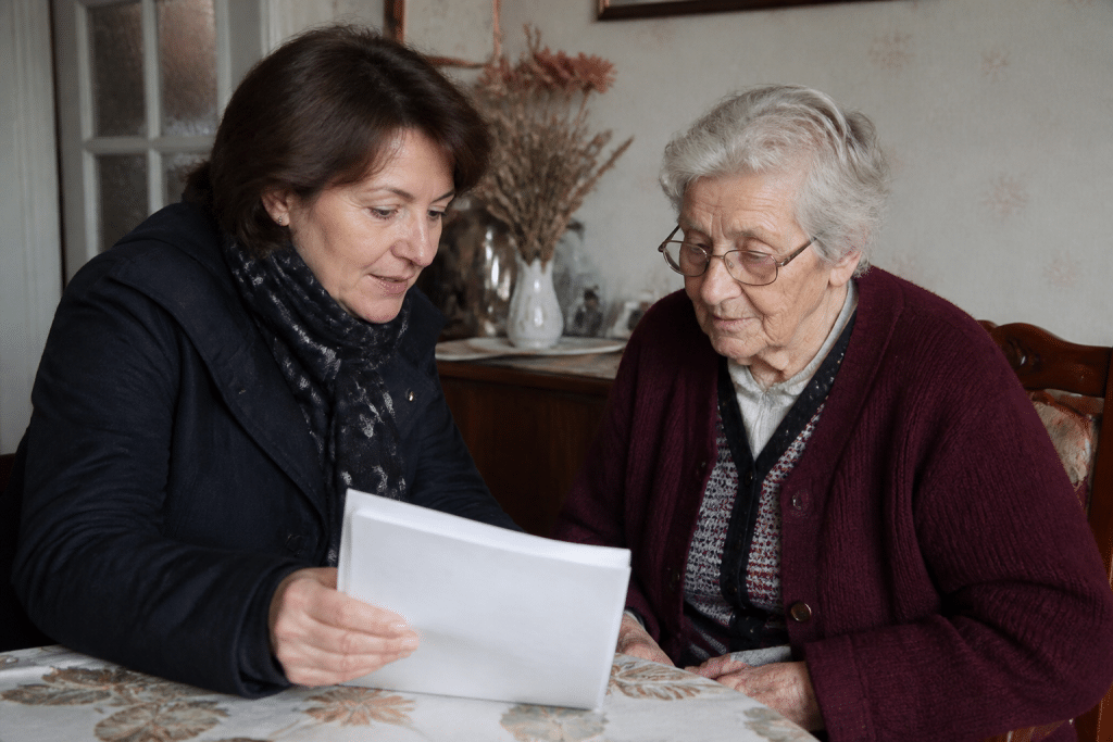 Maire montrant documents aide locale à resident maison