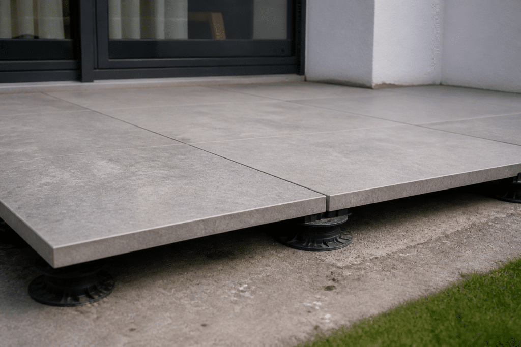 Carrelage gres ceramique epais sur plots terrasse exterieure
