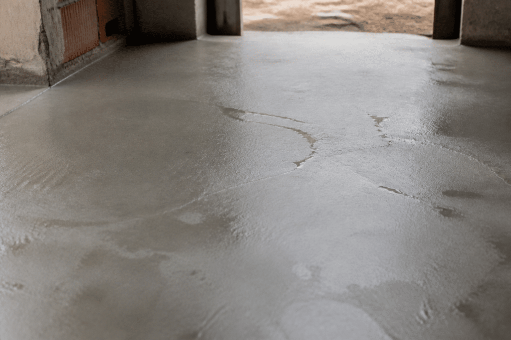 Surface de chape grise humide avec trace d'eau visible