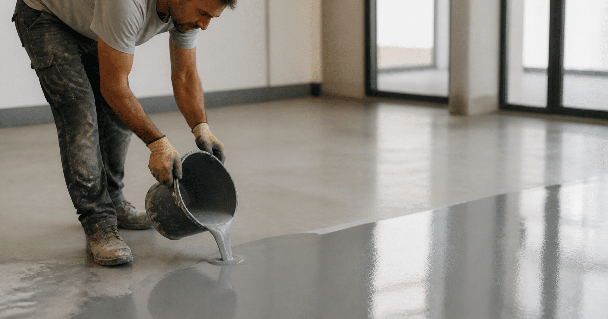 Ouvrier versant resine liquide grise sur sol beton