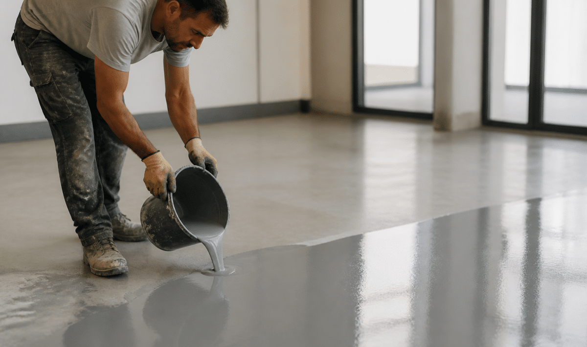 Ouvrier versant resine liquide grise sur sol beton