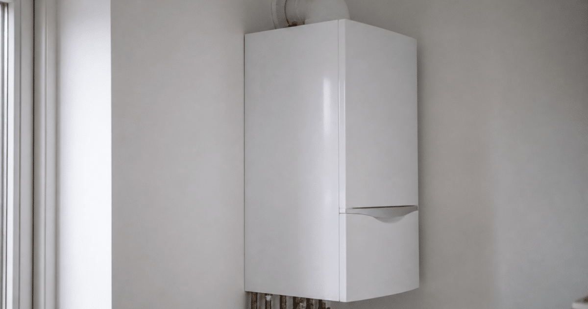 Chaudiere gaz condensation installee verticalement sur mur blanc