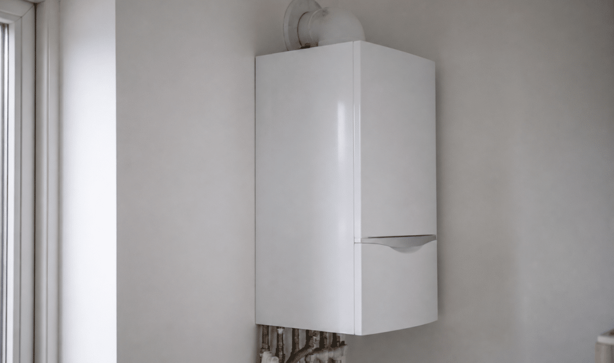 Chaudiere gaz condensation installee verticalement sur mur blanc