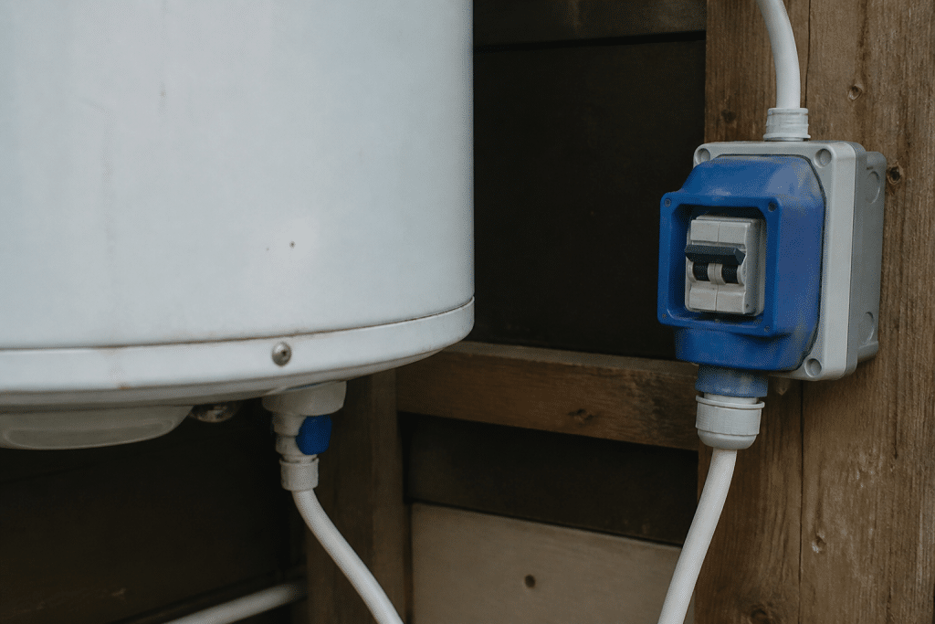 Chauffe-eau electrique branche sur prise camping avec disjoncteur visible