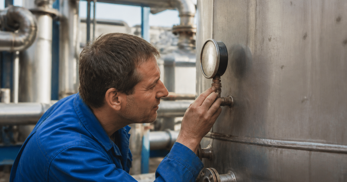 Technicien inspectant reservoir metallique vertical avec manometre