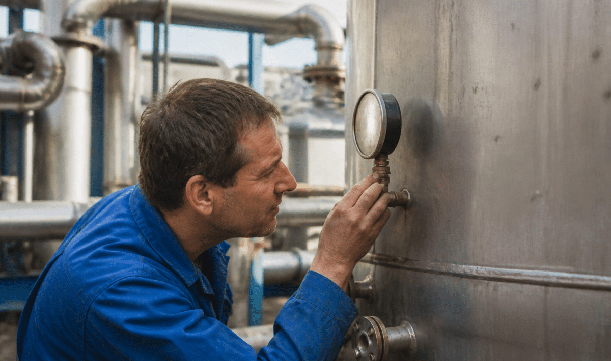 Technicien inspectant reservoir metallique vertical avec manometre