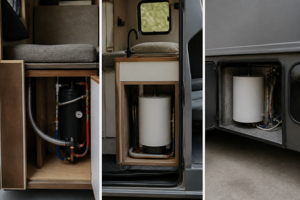 Chauffe-eau compacts installes dans differents types vehicules amenages