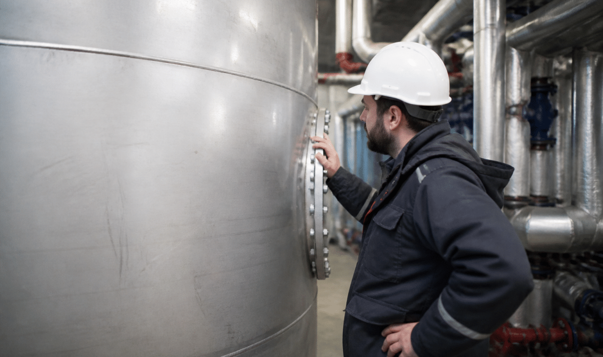 Technicien inspectant reservoir metallique eau froide immobile