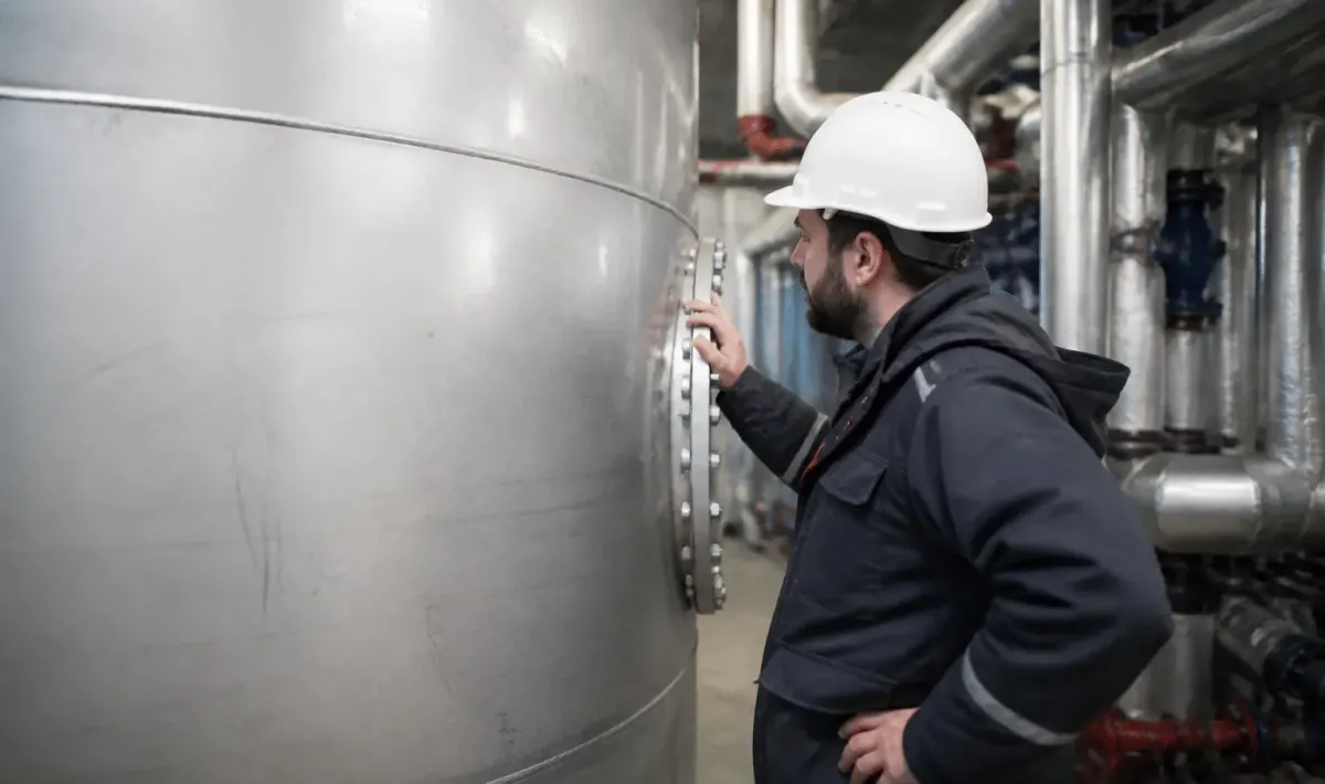 Technicien inspectant reservoir metallique eau froide immobile