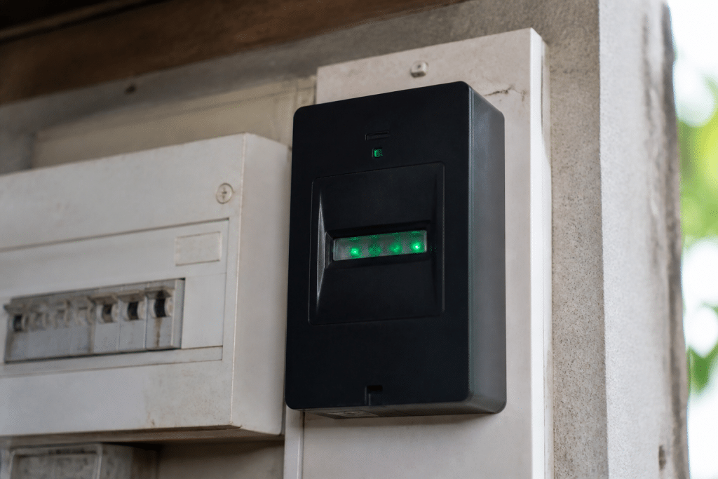 Compteur Linky noir affichant chiffres lumineux verts