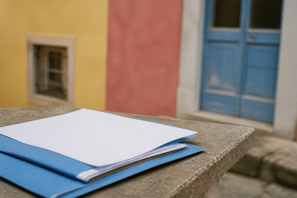 Dossier administratif avec formulaire et façade colorée de bâtiment