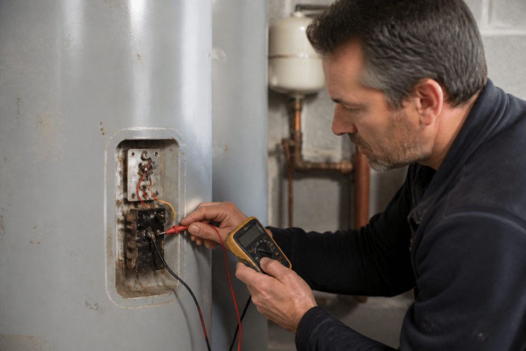 Technicien inspectant reservoir metallique chauffe-eau avec multimetre
