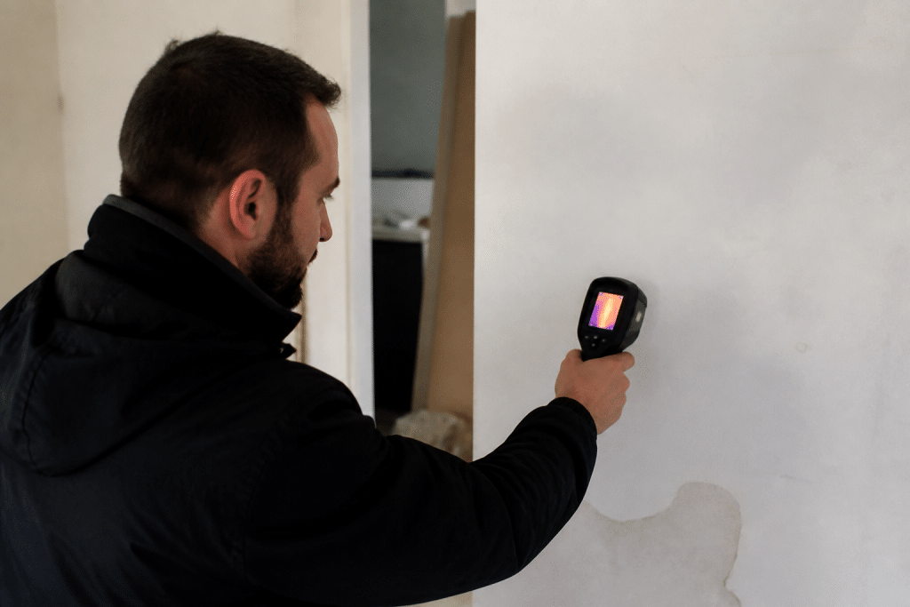 Inspecteur vérifiant isolation murs maison avec thermometre infrarouge