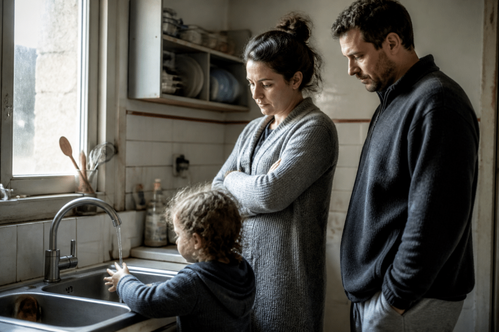 Famille attendant eau chaude robinet cuisine froid