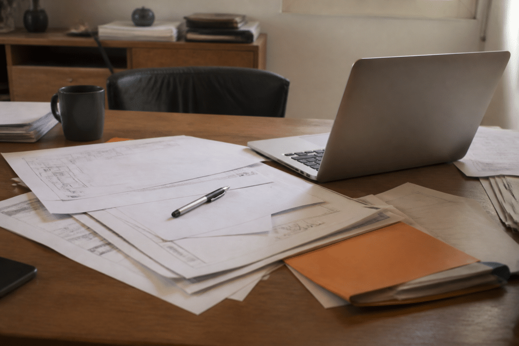 Documents administratifs et devis sur bureau avec ordinateur
