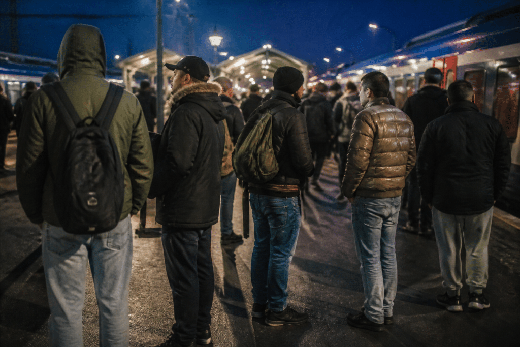 Gare ferroviaire avec groupes personnes soirée urbaine vigilance