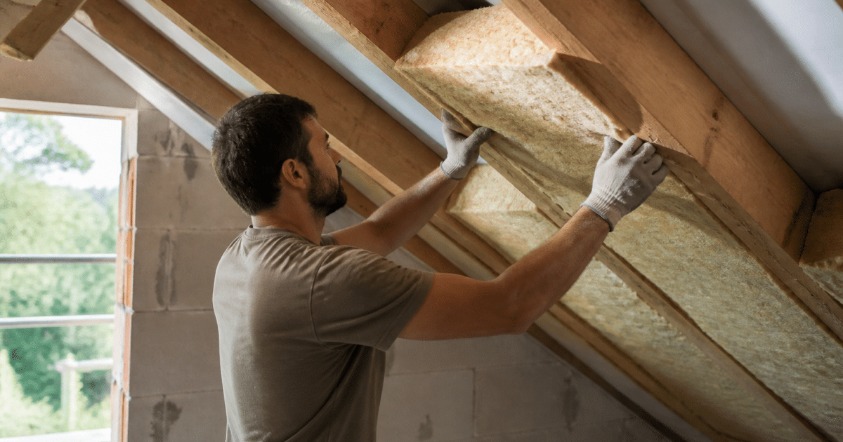 Ouvrier installer batts isolant entre chevrons grenier