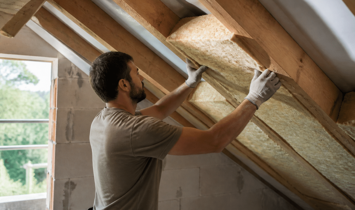 Ouvrier installer batts isolant entre chevrons grenier