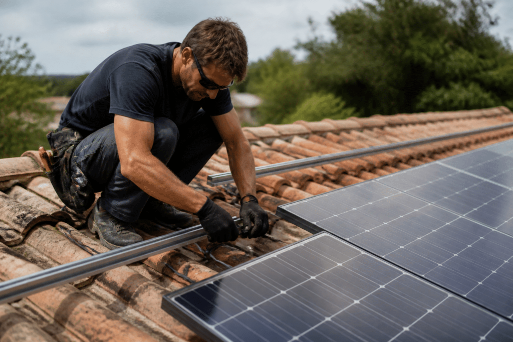 Technicien installe panneaux solaires sur toit avec câbles électriques