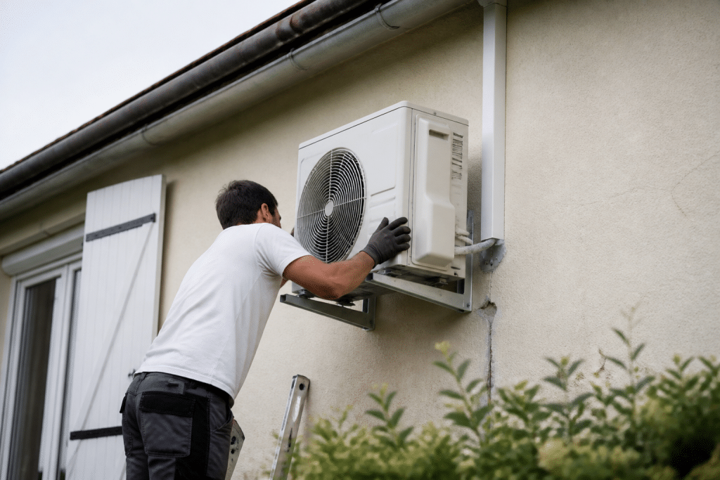 Technicien installant unité extérieure climatisation sur façade