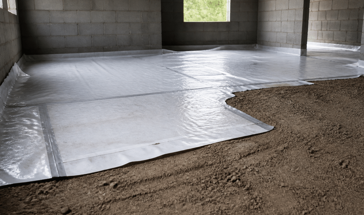 Couche isolante placee sous dalle beton sur sol nu