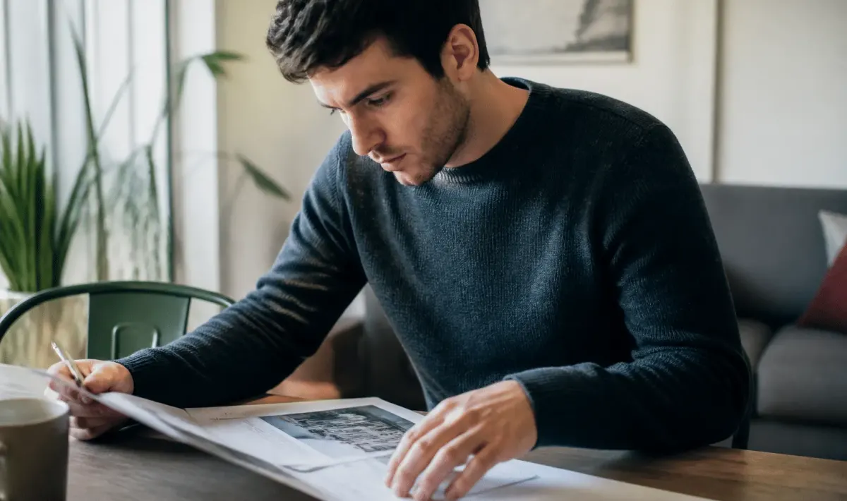 Locataire consultant document immobilier sur table avec stylo