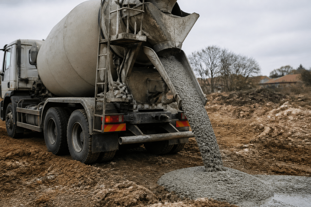 Camion toupie versant béton gris sur terrain inégal