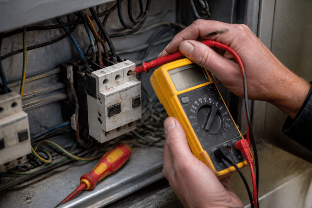Multimètre testant contacteur électrique avec tournevis à proximité