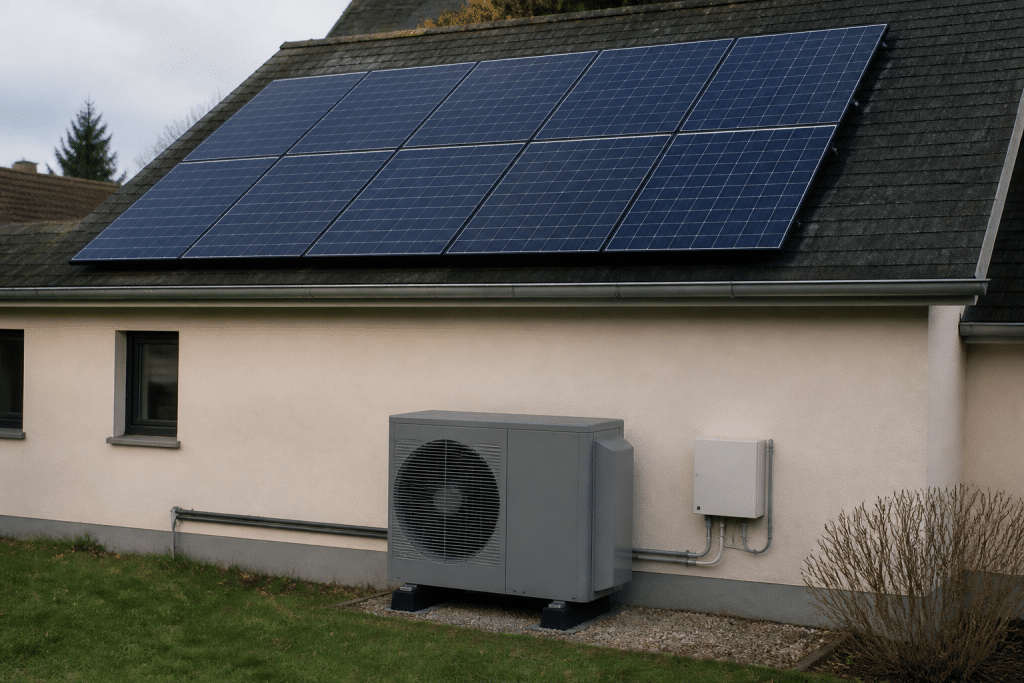 Panneaux photovoltaïques bleus et pompe à chaleur grise installés