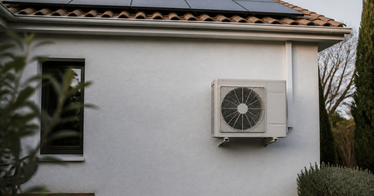 Panneaux solaires installes sur toit avec pompe chaleur murale