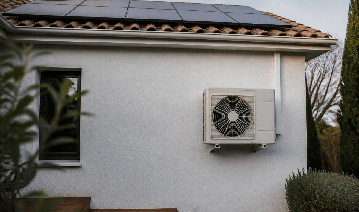 Panneaux solaires installes sur toit avec pompe chaleur murale