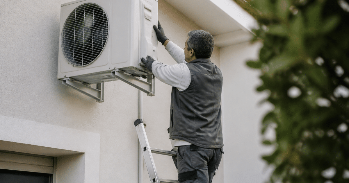 Technicien installe unite exterieure pompe chaleur sur facade maison