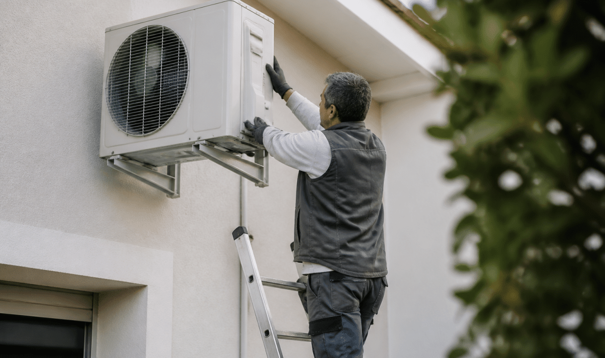 Technicien installe unite exterieure pompe chaleur sur facade maison