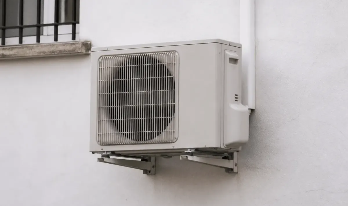 Unite exterieure climatisation fixee au mur blanc