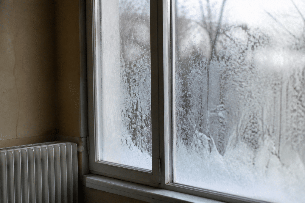 Maison mal isolee avec givre sur les fenetres
