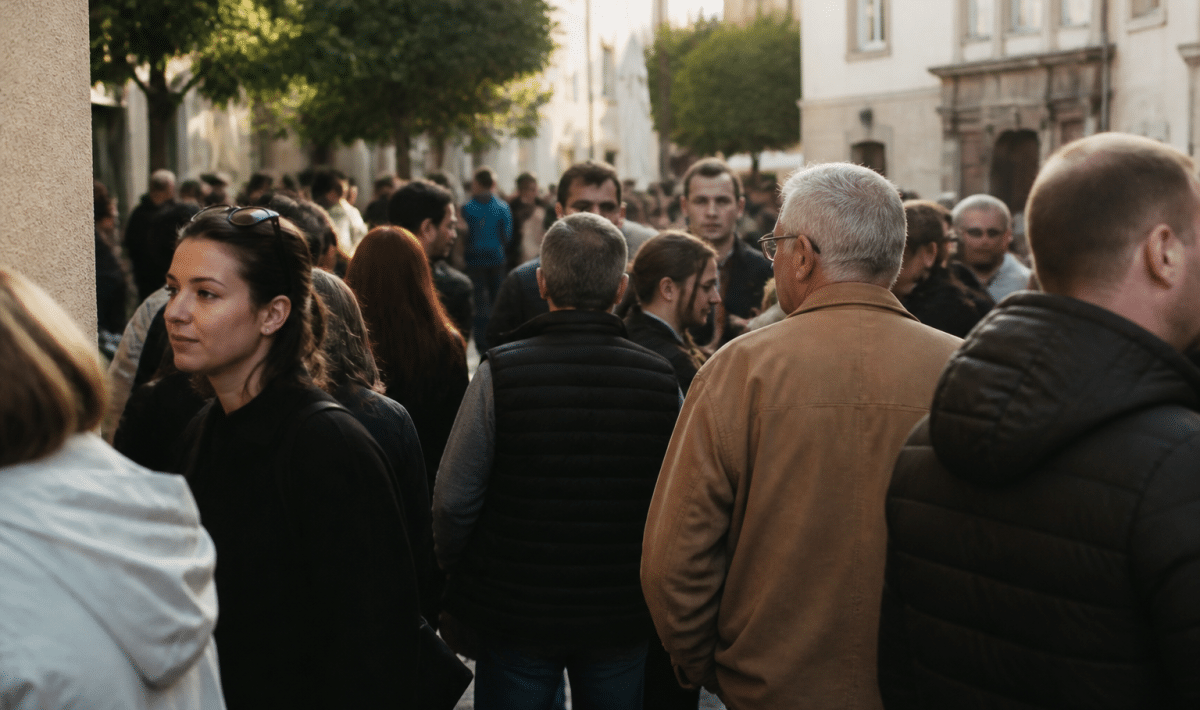 Foule de personnes debout dans rue montélimaroise animée