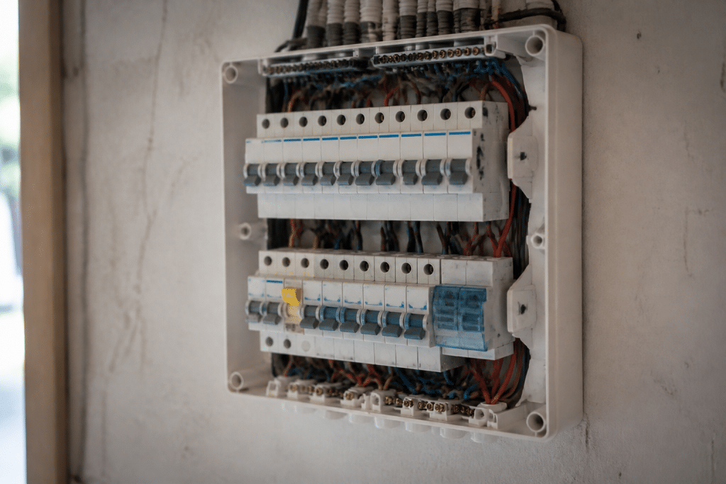Disjoncteurs et fusibles installes dans boitier electrique