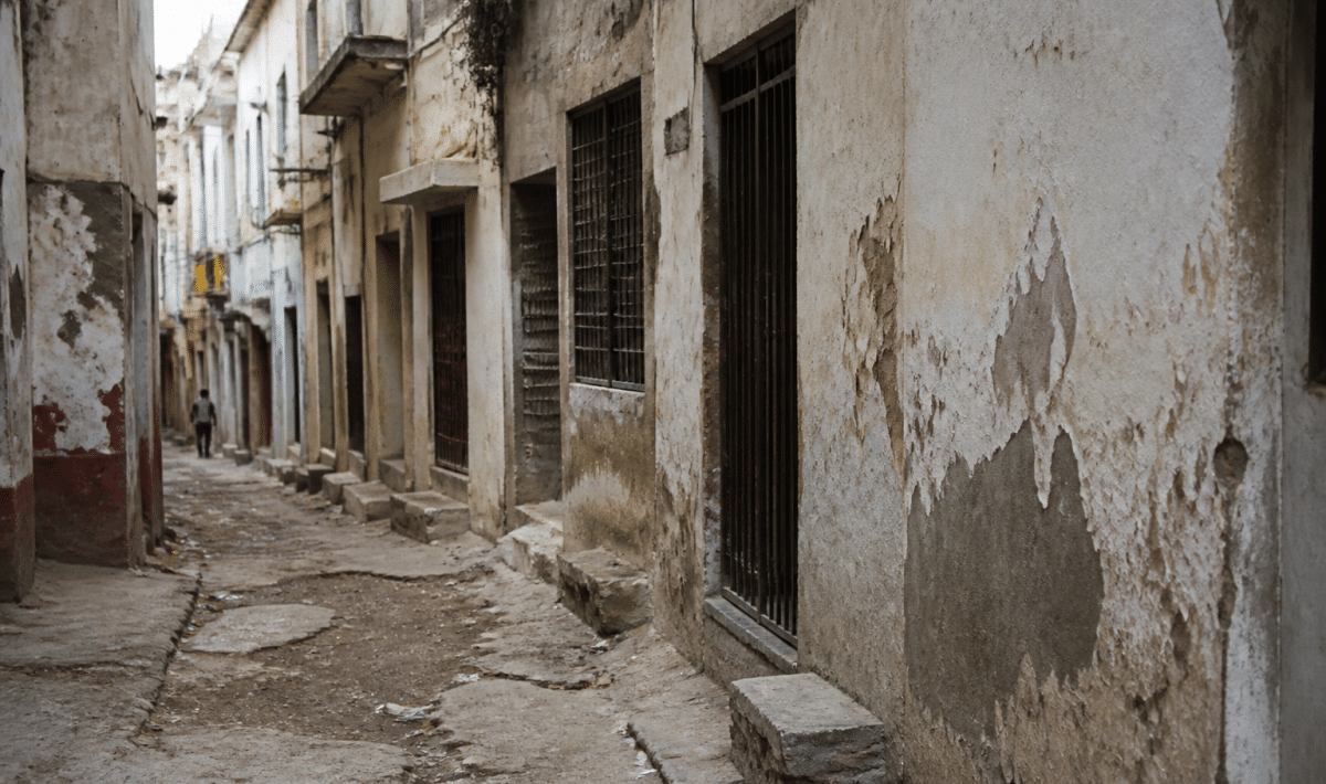 Rue degradee avec batiments delabres et facades usees