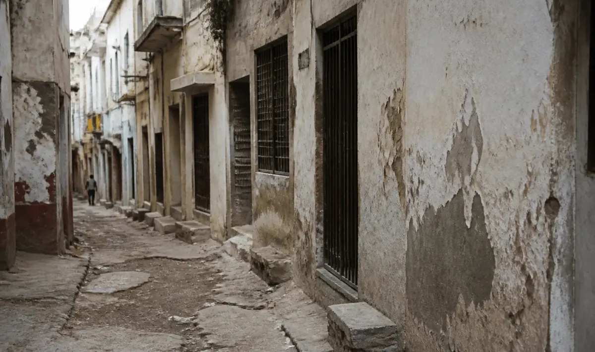 Rue degradee avec batiments delabres et facades usees