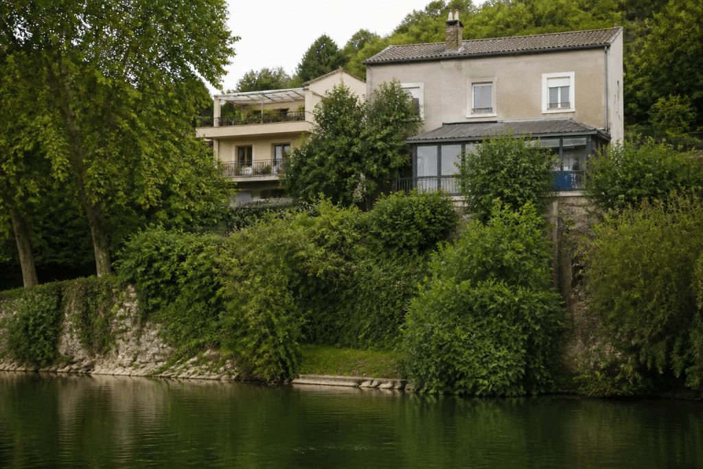 Maisons résidentielles avec berges de Saône verdoyantes