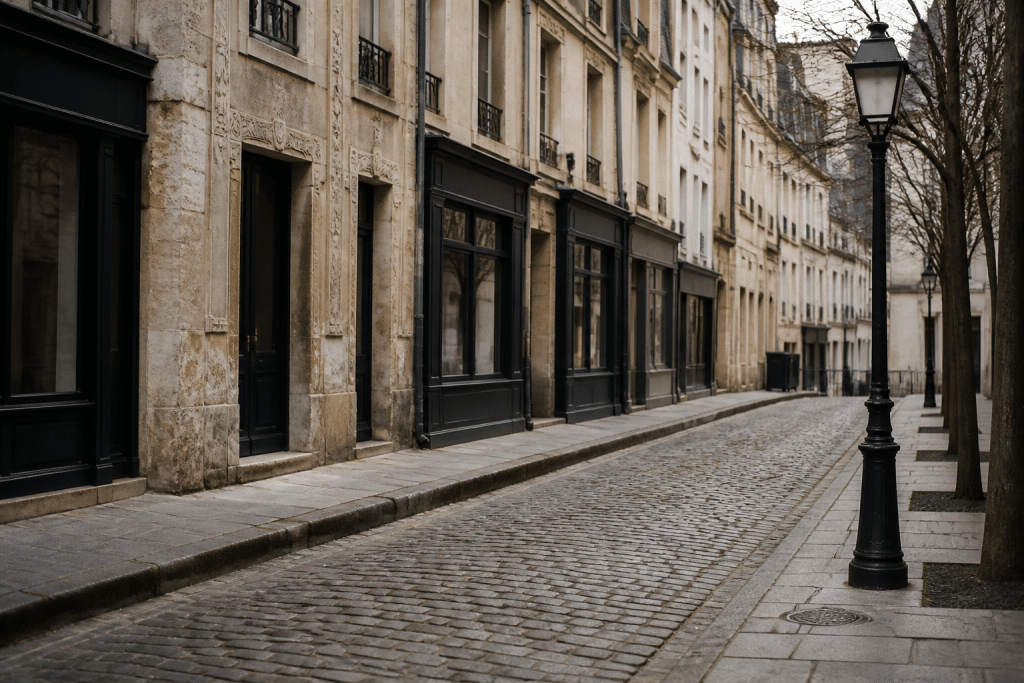 Rue pavée avec façades historiques, devantures commerciales et lampadaire