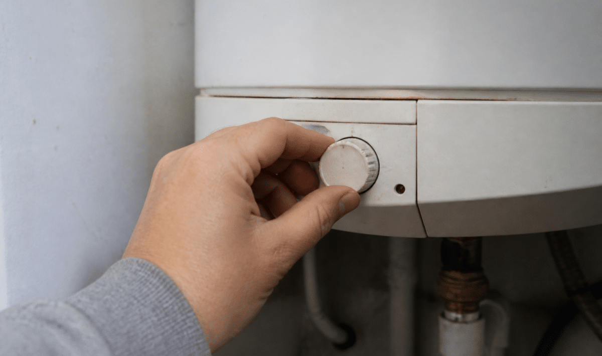 Main ajustant molette thermostat chauffe eau graduee