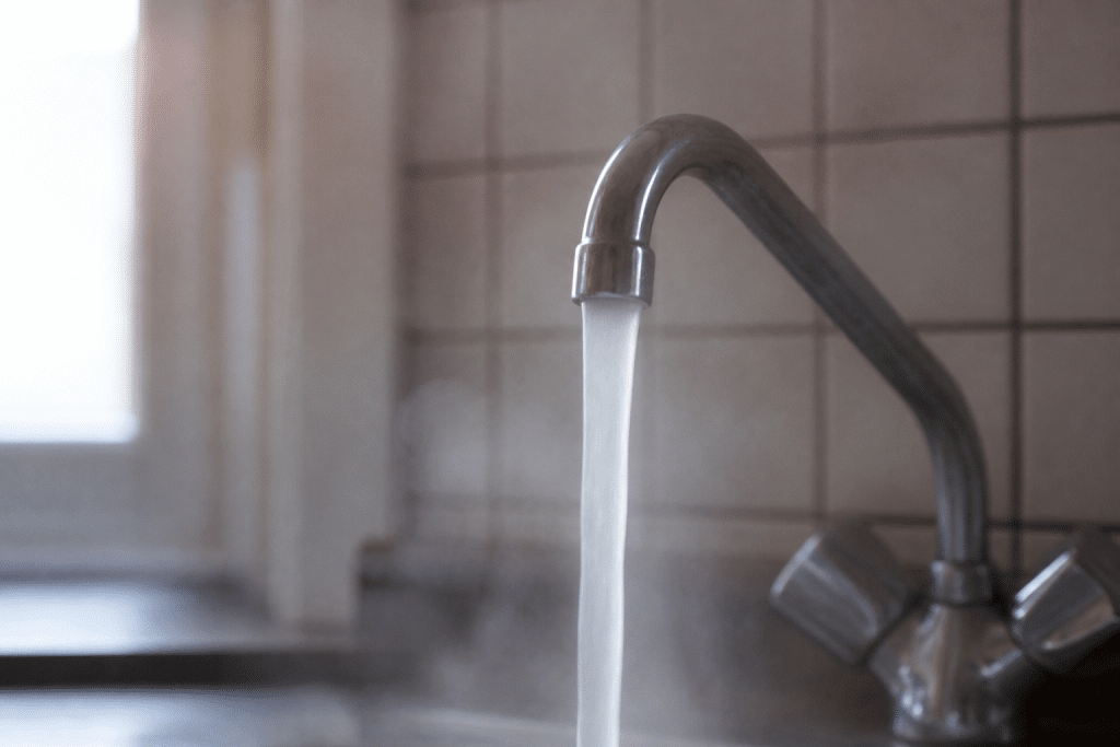 Robinet d'eau chaude avec vapeur visible s'échappant