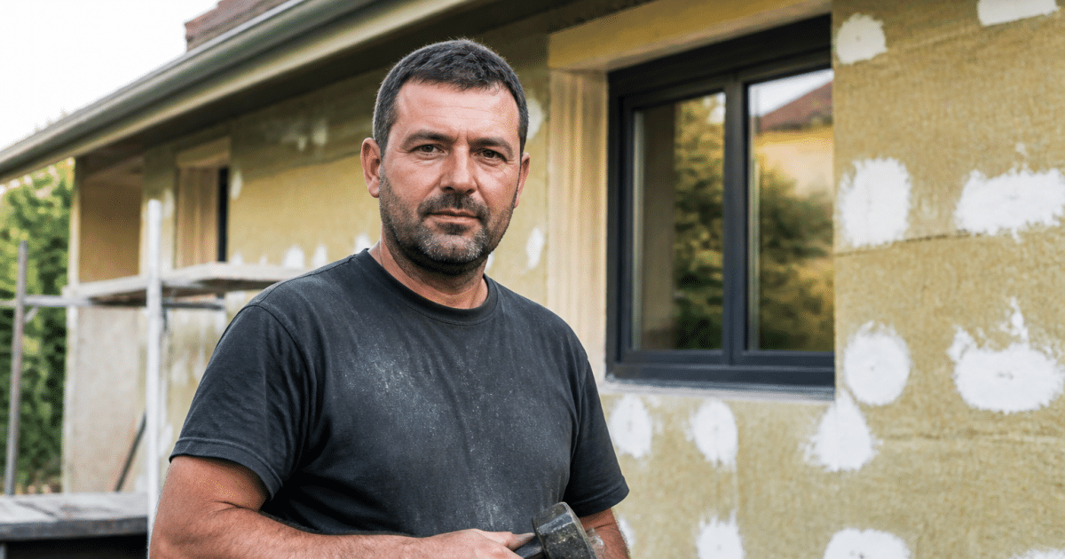 Ouvrier tenant outils devant facade maison en renovation