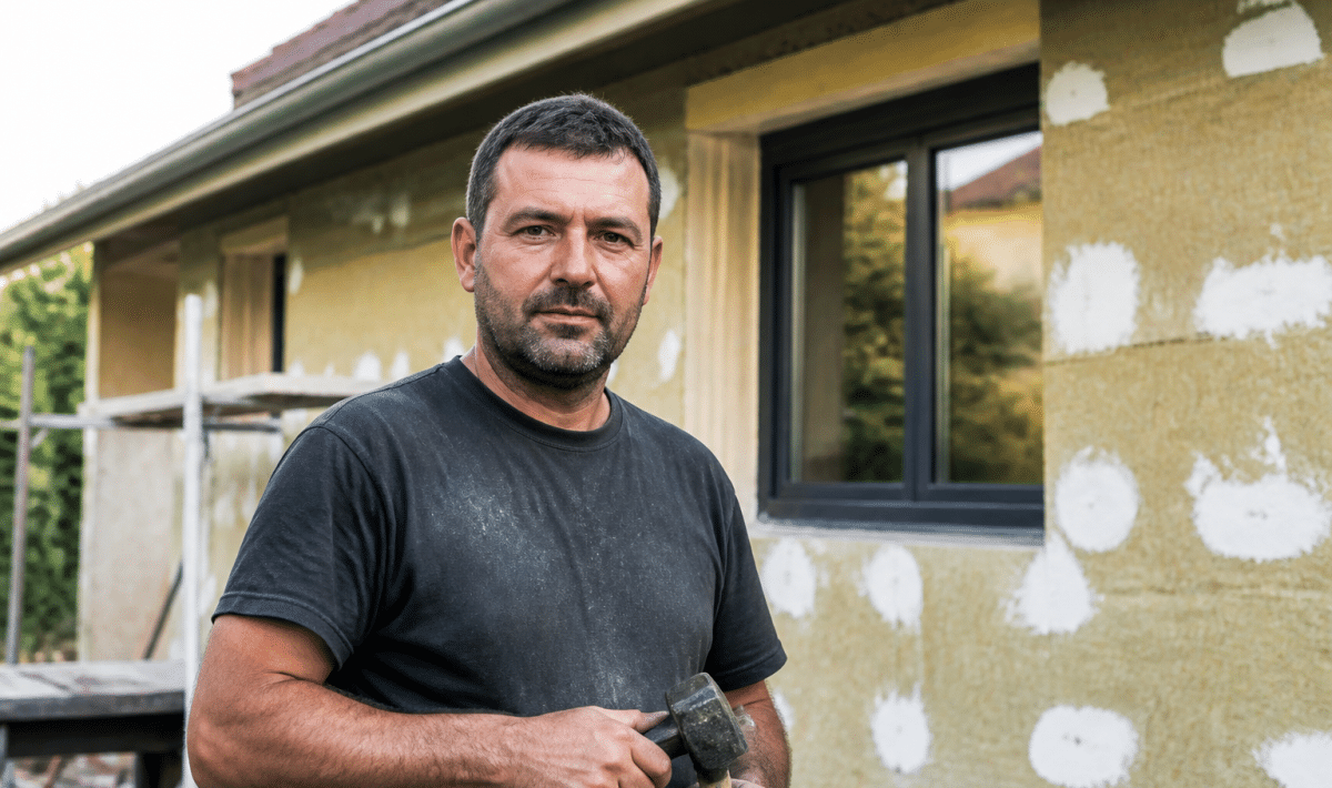 Ouvrier tenant outils devant facade maison en renovation