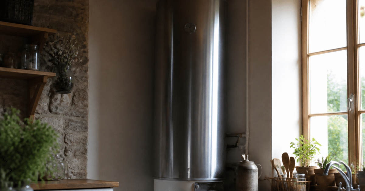 Grand reservoir metallique vertical chauffant eau dans cuisine