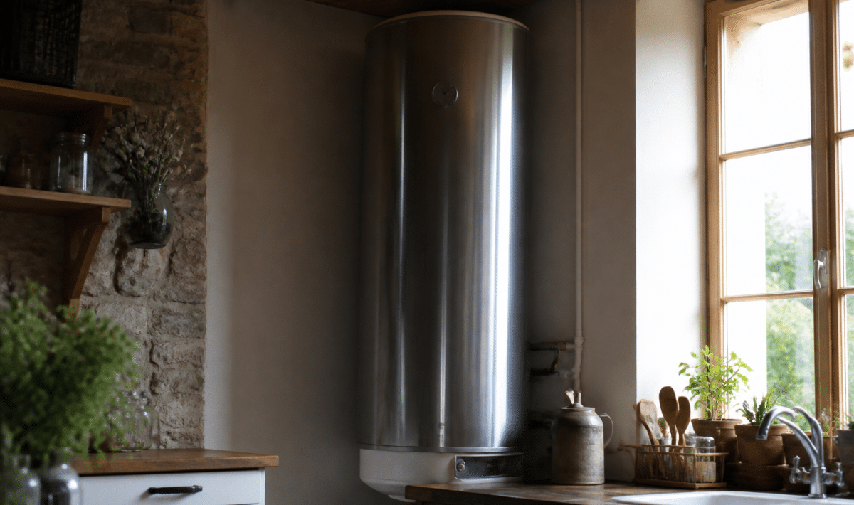 Grand reservoir metallique vertical chauffant eau dans cuisine