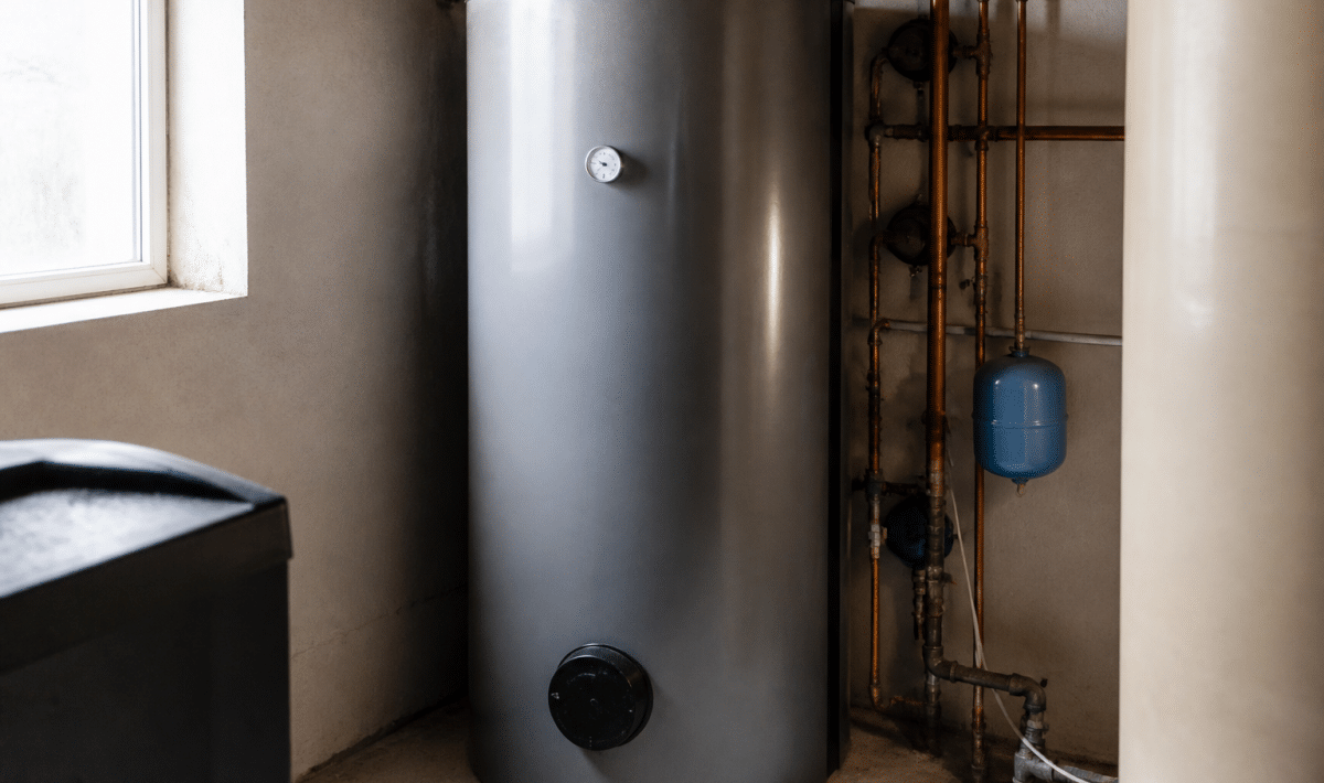 Grand reservoir metallique vertical stockant eau chaude domestique