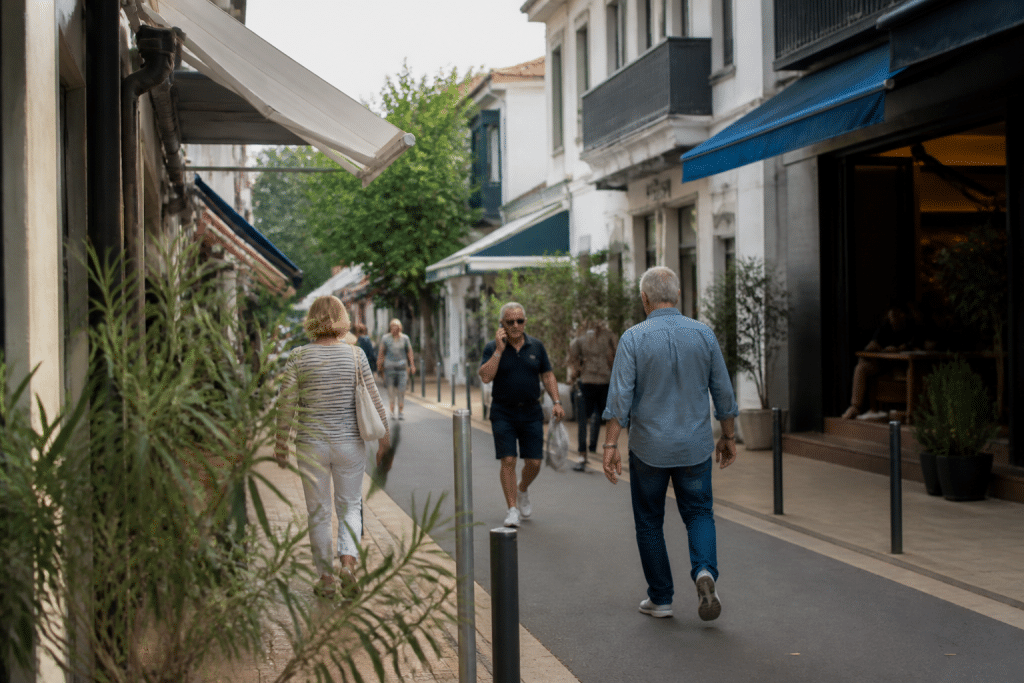 Rue animee d'Anglet avec commerces et passants en journee