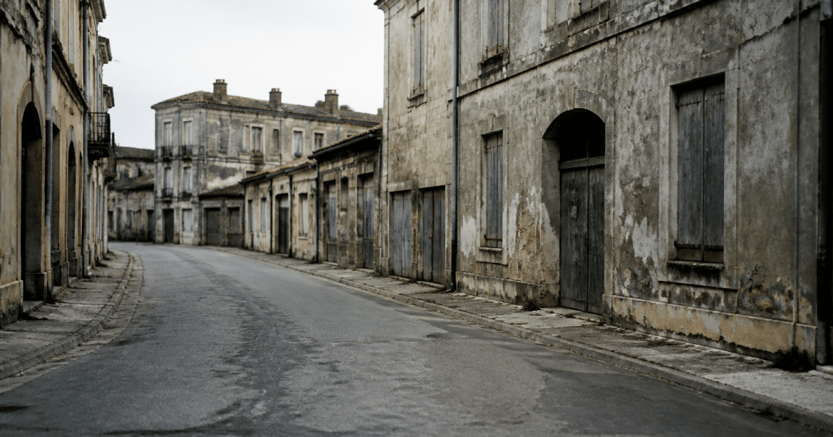 Rues urbaines desertes avec batiments delabres et facades grises